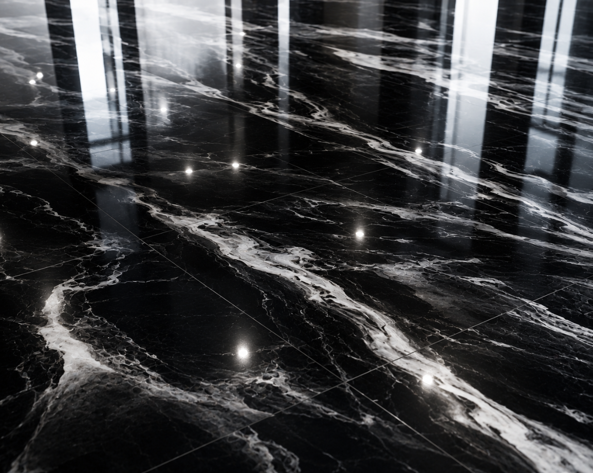 High-gloss black marble-effect epoxy floor by DaVinci Southwest Epoxy